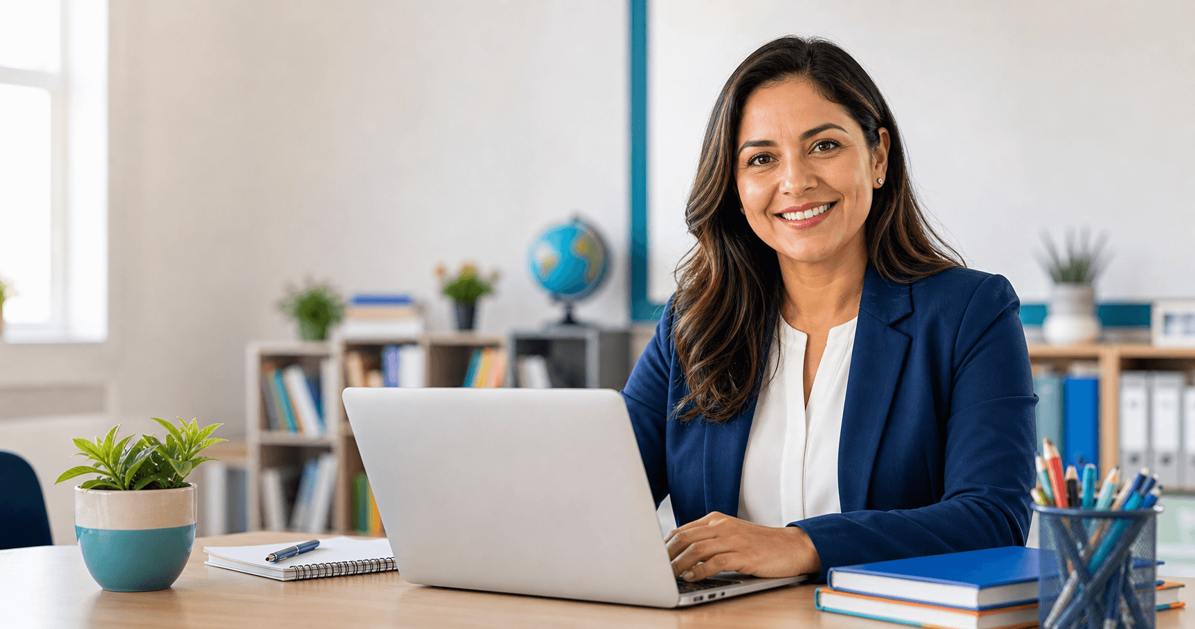 Profesora latina feliz trabajando en una laptop